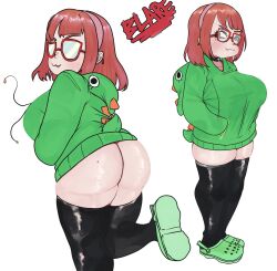 1girl :3 ass black_thighhighs bottomless breasts brown_eyes character_name closed_mouth commentary crocs dinosaur_hood english_commentary fang fang_out full_body glasses green_hoodie hairband hands_in_pocket highres hood hood_down hoodie large_breasts looking_at_viewer mole mole_on_ass multiple_views opaque_glasses original pink_hairband red-framed_eyewear red_hair short_hair shortstack simple_background smile thighhighs weeze white_background