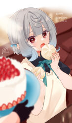 2girls black_gloves black_shirt blurry blurry_background blurry_foreground bow brown_eyes cake character_request collared_shirt commentary_request dated depth_of_field dress_shirt food fruit gloves green_bow grey_hair half_gloves happy_birthday harapeko_shoujo_to_tantei_to haruno_rikka highres holding holding_food holding_plate indoors multiple_girls open_mouth plate rino_cnc school_uniform shirt short_sleeves solo_focus steamed_bun strawberry sweater_vest twitter_username