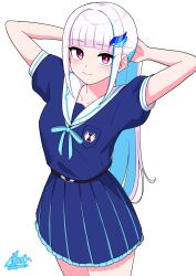 1girl arms_behind_head blue_hair blue_ribbon blue_shirt blunt_bangs blush colored_inner_hair hair_ornament highres lize_helesta lize_helesta_(4th_costume) long_hair looking_at_viewer multicolored_hair neckerchief_between_breasts negiponzu nijisanji ponytail purple_eyes ribbon sailor_collar school_uniform shirt skirt smile solo two-tone_hair virtual_youtuber white_hair white_sailor_collar