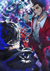 1girl 2boys absurdres amamiya_ren andrich_galam beard black_hair black_jacket blue_hair company_connection crossover facial_hair formal_clothes hand_in_pocket hatsune_miku highres jacket kasuga_ichiban mask multiple_boys open_collar open_mouth persona persona_5 red_eyes red_suit ryuu_ga_gotoku_(series) ryuu_ga_gotoku_7 sega smile sonic_(series) sonic_racing:_crossworlds suit thumbs_up twintails vocaloid