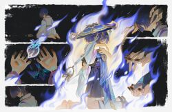 2boys arms_at_sides barefoot belt black_belt black_bridal_gauntlets black_hair black_leggings black_sandals black_sash black_shorts blue_cape blue_fire blue_hat blunt_ends bridal_gauntlets burn_scar burnt_clothes cape closed_mouth clothing_cutout doll_joints dual_persona fire furisode genshin_impact gold gold_ring gold_trim hakama hakama_shorts hand_on_another&#039;s_back hand_on_another&#039;s_shoulder hat head_down heart_(organ) highres hip_vent holding_hands hug interlocked_fingers japanese_clothes jingasa joints kariginu kimono kneeling layered_sleeves leg_warmers leggings long_sleeves middle_ring multiple_boys open_hands pleated_shorts purple_rope purple_sash purple_sleeves qiao2121 rope sandals sash scar scaramouche_(genshin_impact) scaramouche_(kabukimono)_(genshin_impact) shorts shoulder_cutout stirrup_legwear string tears toeless_legwear wanderer_(genshin_impact) white_kimono white_leg_warmers white_shorts white_sleeves zouri