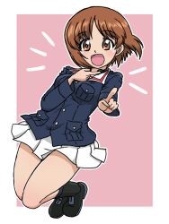 1girl :d black_boots black_socks blue_jacket boots brown_eyes brown_hair floating full_body girls_und_panzer green_undershirt hand_on_own_neck jacket legs_up long_sleeves looking_at_viewer military_uniform miniskirt nishizumi_miho notice_lines ooarai_military_uniform open_mouth outline pink_background pleated_skirt pointing pointing_at_viewer short_hair skirt smile socks solo takahashi_kurage throat_microphone undershirt white_outline white_skirt