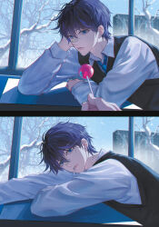 1boy absurdres arm_rest bandaid bandaid_on_face bandaid_on_nose bare_tree black_sweater_vest blue_eyes blue_necktie candy closed_mouth desk food hair_between_eyes highres lollipop lollipop_in_mouth long_sleeves looking_at_viewer multiple_views necktie original shirt short_hair snow sweater_vest ti_tun tree white_shirt window