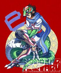 1boy animal_hands black_hair blue_scarf chinese_zodiac commentary_request crossed_legs fang fang_out forked_tongue full_body green_eyes green_scales japanese_clothes ketaru kimono male_focus mask mask_on_head mechanical_legs monster_boy new_year original pointy_ears red_background scarf short_hair shorts sitting sitting_on_own_tail sitting_on_tail slit_pupils snake_boy snake_mask snake_tail solo tail tongue translation_request very_long_tail white_kimono year_of_the_snake