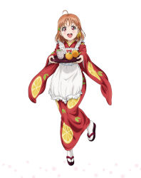 1girl ahoge apron artbook blush cup food fruit full_body green_tea hair_ornament highres holding holding_tray japanese_clothes kimono looking_at_viewer love_live! love_live!_sunshine!! maid mandarin_orange non-web_source official_art open_mouth orange_(fruit) orange_hair red_eyes red_kimono sandals short_hair simple_background smile solo tabi takami_chika tea tray wa_maid white_background wide_sleeves yunomi
