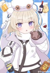 1girl :o alcohol azur_lane baby_animal beer beer_mug bird black_gloves blonde_hair blush bottle can chick coat coat_dress cup dress drinking_glass fur-trimmed_coat fur-trimmed_sleeves fur_hat fur_trim gloves grozny_(azur_lane) hat highres holding long_sleeves looking_at_viewer manjuu_(azur_lane) mug oboroillust open_mouth pantyhose parted_lips purple_eyes short_hair solo strong_zero twitter_username white_background white_coat wine wine_bottle wine_glass winter_clothes