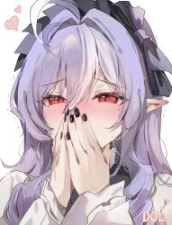 1girl absurdres ahoge artist_name black_nails blush commentary covering_own_mouth dolechan ear_blush fingernails hair_between_eyes hands_up heart highres korean_commentary long_hair long_sleeves looking_at_viewer mole mole_under_eye nail_polish nose_blush pointy_ears purple_hair red_eyes solo upper_body very_long_hair vivian_(zenless_zone_zero) white_background zenless_zone_zero