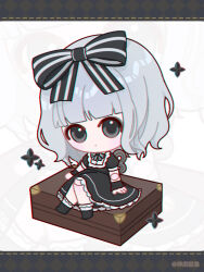 1girl :o ankle_socks argyle_border artist_name black_boots black_border black_bow black_bowtie black_dress black_eyes black_wrist_cuffs blunt_bangs boots border bow bowtie character_request chibi doll_joints dotted_line dress expressionless frilled_dress frilled_socks frills grey_eyeliner grey_hair hair_bow highres infinity_nikki joints letterboxed light_blush looking_at_viewer medium_dress medium_hair nikki_(series) parted_lips puffy_short_sleeves puffy_sleeves shendu_youyu short_sleeves sitting socks solo sparkle striped_bow striped_bowtie striped_clothes suitcase tareme white_background white_socks winding_key wrist_cuffs zoom_layer