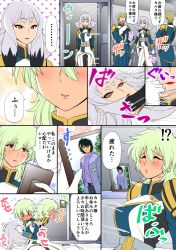 Rule 34 | aina saharin, black hair, blonde hair, carta issue, comic, commentary, crutch, earrings, eyebrows, green hair, grey hair, gundam, gundam 08th ms team, gundam tekketsu no orphans, highres, inoue kikuko, jewelry, long hair, makeup, mask, nenbuta, shiro amada, short hair, translated, uniform, voice actor connection
