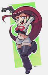 1girl ahoge black_gloves black_thighhighs blue_eyes bright_pupils crop_top earrings elbow_gloves full_body gashi-gashi_(style) gloves heart heart_in_mouth highres jessie_(pokemon) jewelry long_hair midriff miniskirt navel nintendo no_nose parody phil_dragash pokemon pokemon_(anime) pokemon_(classic_anime) red_hair skirt solo style_parody team_rocket team_rocket_uniform thighhighs toon_(style) v-shaped_eyebrows very_long_hair white_pupils