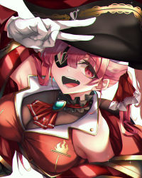 1girl arrow_through_heart artist_name bare_shoulders bicorne black_hat blush breasts cleavage commentary_request dated eyepatch fang gloves gold_trim grin hair_between_eyes hair_ribbon hat heart highres hololive houshou_marine inkspirate jacket large_breasts long_hair long_sleeves open_mouth pirate pirate_hat red_eyes red_hair red_jacket red_ribbon red_sleeves ribbon see-through_clothes see-through_cleavage smile solo sparkle twintails v virtual_youtuber watermark white_gloves