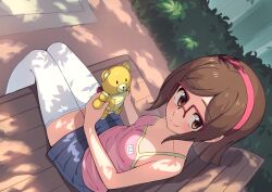 1girl bare_arms bare_shoulders beargguy_iii bench blue_shorts blunt_ends breasts brown_eyes brown_hair bush camisole closed_mouth collarbone dappled_sunlight from_above from_side glasses gundam gundam_build_fighters hairband hiyaya_(kochi_michikaze) holding holding_toy kousaka_china legs_together light_blush looking_at_viewer looking_to_the_side medium_hair no_bra on_bench outdoors parted_bangs pink_camisole red_hairband short_shorts shorts sidelocks sitting small_breasts smile solo stuffed_animal stuffed_toy sunlight teddy_bear thighhighs toy white_thighhighs wooden_bench yellow_trim