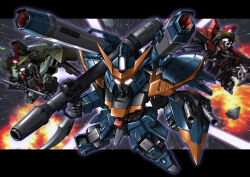 absurdres arm_shield asteroid bazooka_(gundam) calamity_gundam chibi commentary_request commission exhaust explosion flying forbidden_gundam glowing glowing_eye gun gundam gundam_seed highres holding holding_gun holding_polearm holding_weapon letterboxed mecha mobile_suit no_humans outside_border pixiv_commission polearm raider_gundam red_eyes robot science_fiction sd_gundam shoulder_cannon space spike_ball star_(sky) v-fin weapon yatta070622