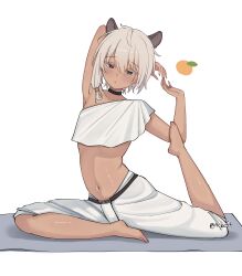 1boy absurdres animal_ears arm_up armpits barefoot black_choker black_eyes blush capybara_boy choker closed_mouth colored_eyelashes commentary crop_top dark-skinned_male dark_skin expressionless eyelashes flexible full_body hand_up highres jitome looking_at_viewer male_focus midriff navel original pigeon_pose rat_squeak short_hair shorts simple_background single_bare_shoulder solo stomach trap twitter_username white_background white_hair white_shorts yoga