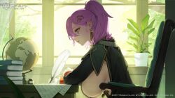 1girl artist_request azur_lane book branch breasts chair closed_mouth commentary_request company_connection company_name copyright_name curtains day flower_pot from_side globe gloves green_eyes hair_ornament hairclip highres holding holding_quill indoors inkwell large_breasts lips logo long_hair long_sleeves official_art paper plant ponytail purple_hair quill sideboob sitting table trieste_(azur_lane) upper_body white_gloves window