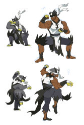 1boy 1girl absurdres black_headband bright_pupils clenched_hands closed_mouth commentary_request creature_and_personification dark-skinned_female dark-skinned_male dark_skin fang fighting_stance gen_8_pokemon gloves grey_hair headband highres jar_pikapika knees korean_commentary legendary_pokemon legs_apart mars_symbol nintendo partially_fingerless_gloves personification pokemon pokemon_(creature) sash skin_fang squatting standing standing_on_one_leg toes two-tone_gloves urshifu venus_symbol white_headband