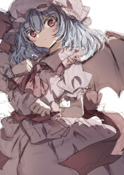 Rule 34 | :/, ascot, bat wings, closed mouth, collared shirt, dot mouth, hair between eyes, hands up, hat, hat ribbon, highres, looking at viewer, medium hair, natsume suzuri, pink shirt, pink skirt, puffy short sleeves, puffy sleeves, purple hair, red ascot, red eyes, red ribbon, remilia scarlet, ribbon, shirt, short sleeves, simple background, skirt, touhou, white background, wings, wrist cuffs