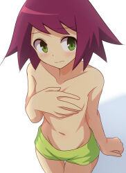 1girl arm_at_side averting_eyes blush breasts breasts_day closed_mouth collarbone commentary covering_breasts covering_privates cowboy_shot curakuru duplicate green_eyes green_shorts hand_on_breasts highres large_hands mega_man_(series) mega_man_star_force_(series) navel red_hair short_hair short_shorts shorts sideways_glance simple_background small_breasts solo sonia_strumm_(mega_man) split_mouth topless_female white_background