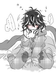 1girl bedwetting blush closed_eyes flat_chest greyscale horns kijin_seija monochrome multicolored_hair nipples pajamas pajamas_pull pee peeing peeing_self shiya_re27 solo touhou waking_up wet wet_clothes