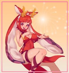 1girl arm_strap armlet bare_shoulders bow-shaped_hair breasts china_dress chinese_clothes cleavage curvy dress dynamic_pose fake_horns feet_out_of_frame gradient_hair hairband hand_on_own_chest horns jewelry large_breasts leg_belt little123blood long_hair looking_at_viewer multicolored_hair nintendo open_mouth original pale_skin red_dress red_eyes red_hair red_straps short_eyebrows simple_background skin_tight skindentation solo splatoon_(series) spotted_hair suction_cups swept_bangs symbol-shaped_pupils tentacle_hair thick_eyebrows triangle-shaped_pupils twintails two-tone_hair very_long_hair wide_hips
