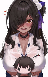 1girl absurdres belt_buckle belt_collar black_collar black_hair blue_sky blush bra bra_visible_through_clothes breast_pocket breasts buckle character_doll cleavage collar collarbone collared_shirt commander_(nikke) dark-skinned_female dark_skin goddess_of_victory:_nikke gyaru hair_between_eyes hair_ornament hair_over_one_eye hair_ribbon hairclip hands_up heart high_side_ponytail highres holding holding_stuffed_toy huge_breasts hugging_doll hugging_object humei_92 long_hair looking_at_viewer lower_teeth_only naga_(nikke) one_eye_covered open_mouth partially_unbuttoned pocket pom_pom_(clothes) pom_pom_hair_ornament purple_ribbon ribbon school_uniform see-through_clothes see-through_shirt shirt short_sleeves simple_background sky solo stuffed_toy sweatdrop teeth underwear upper_body wet wet_clothes wet_shirt white_background white_bra white_shirt yellow_eyes