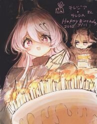 Rule 34 | 1boy, 1girl, arknights, birthday cake, brother and sister, cake, candle, character name, demon girl, demon horns, food, hakoniwashinshi, happy birthday, highres, horns, jewelry, long hair, multiple rings, open mouth, pink eyes, ring, siblings, theresa (arknights), theresis (arknights)