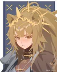Rule 34 | 1girl, animal ears, arknights, bilibili logo, blonde hair, chinese commentary, commentary request, gold, head chain, highres, jewelry, long hair, looking at viewer, making-of available, parted lips, portrait, purple background, siege (arknights), simple background, solo, vina victoria (arknights), watermark, ya ya qia, yellow eyes