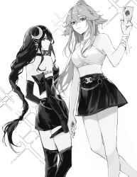 2girls alternate_costume animal_ears back bare_shoulders belt blunt_bangs braid card choker closed_mouth couple crescent crop_top elbow_gloves fox_ears fox_girl from_side genshin_impact gloves hair_between_eyes hair_ornament hand_up high_ponytail highres holding holding_card hoyofair jewelry kis7908992 long_braid long_hair looking_at_viewer looking_down looking_to_the_side low-tied_long_hair mole mole_under_eye monochrome moon_(ornament) multiple_girls navel necklace parted_lips playing_card ponytail raiden_shogun ribbon shade simple_background single_braid skirt sparkle standing stomach thighhighs thighs white_background yae_miko yuri