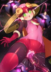 1girl black_bodysuit bodysuit censored clitoral_stimulation commentary corruption drooling flat_chest glowing glowing_eyes green_eyes gummyrise hacking helmet highres leotard mega_man_(series) mega_man_battle_network_(series) mosaic_censoring open_mouth pink_helmet pink_leotard roll.exe_(mega_man) solo tentacle_sex tentacles vaginal