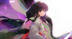 Rule 34 | 1girl, black eyes, black hair, bow (weapon), closed mouth, commentary request, floating hair, from side, highres, inuyasha, japanese clothes, kikyou (inuyasha), kimono, long hair, long sleeves, looking at viewer, low-tied long hair, miko, red skirt, skirt, solo, upper body, very long hair, weapon, white kimono, zhulaosier