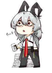 1girl bags_under_eyes black_gloves black_horns black_pants black_shoes can censored_profanity chibi chibi_only commentary curled_horns drink_can energy_drink english_commentary full_body gloves grey_hair hair_between_eyes holding holding_can horns jaehan204 long_hair monster_energy necktie open_mouth pants paper_stack red_necktie shirt shoes simple_background solo standing white_background white_shirt wuthering_waves zani_(wuthering_waves)