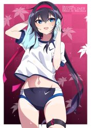 1girl :d absurdres belt black_buruma black_hair blue_eyes buruma checkered_background cowboy_shot groin gym_shirt hair_between_eyes hair_intakes headband highres long_hair midriff navel open_mouth original ponytail red_background red_headband sebunsu shirt short_sleeves sidelocks skindentation smile solo standing stomach sweatdrop thigh_belt thigh_strap towel very_long_hair white_shirt