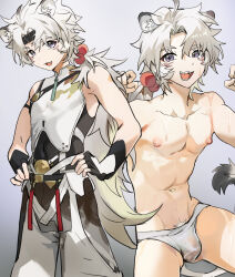 1boy animal_ears blue_background fangs fingerless_gloves gloves gradient_background hand_on_own_hip highres itsme_takk lingyang_(wuthering_waves) lion_boy lion_ears lion_tail long_hair looking_at_viewer low_ponytail male_focus male_underwear multiple_views nipples penis ponytail pubic_hair purple_eyes simple_background tail underwear wet wet_clothes wet_male_underwear wuthering_waves