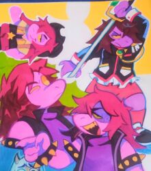 1boy 1girl arm_up armlet black_hat black_jacket black_vest bracelet colored_sclera colored_skin commentary cosplay cowboy_hat deltarune english_commentary fever_el_cacas furry furry_female hat highres holding holding_sword holding_weapon jacket jewelry multiple_views open_mouth purple_hair purple_shirt purple_skin ralsei red_shorts shirt shorts shoujo_kakumei_utena smile spiked_armlet spiked_bracelet spikes susie_(dark_world)_(deltarune) susie_(deltarune) sword sword_of_dios tenjou_utena tenjou_utena_(cosplay) vest weapon yellow_sclera