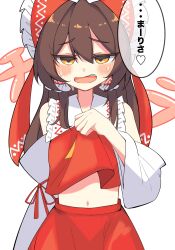 1girl ascot bagu blush bow brown_eyes commentary_request detached_sleeves frilled_bow frilled_hair_tubes frills hair_bow hair_tubes hakurei_reimu heart highres implied_yuri lifting_own_clothes long_hair looking_at_viewer midriff navel open_mouth red_bow red_skirt skirt skirt_set solo spoken_heart sweat touhou translation_request very_long_hair yellow_ascot