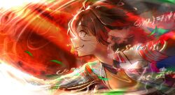 1girl absurdres agnes_tachyon_(umamusume) animal_ears brown_hair commentary_request equation grin highres horse_ears horse_girl lab_coat medium_hair necktie profile red_eyes running short_necktie smile solo sweat sweater teeth twitter_username umamusume yellow_sweater yogoto_(yo_go_t)