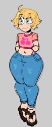 Rule 34 | 1girl, arms behind back, blue eyes, denim, highres, jamvcr, jeans, leo kliesen, midriff, pants, sandals, shirt, short, tekken, thick thighs, thighs, thong, wide hips