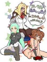 3girls absurdres antenna_hair arched_bangs black_boots black_shirt blazer blonde_hair blunt_bangs boots breasts brown_cape brown_necktie brown_pants cape closed_mouth collared_shirt commentary_request curtained_hair double_bun expressionless eyepatch full_body gauntlets genetic_(ragnarok_online) green_hair hair_bun highres jacket japanese_clothes juliet_sleeves kimono large_breasts long_hair long_sleeves looking_at_viewer mature_female medium_breasts multiple_girls necktie oboro_(ragnarok_online) official_alternate_costume open_mouth pants poring puffy_sleeves ragnarok_iris ragnarok_online rebellion_(ragnarok_online) red_eyes red_shirt scroll shirt short_hair short_kimono sitting smile star_(symbol) translation_request white_background white_jacket white_kimono white_pants yellow_eyes