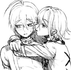2boys ahoge arms_around_neck bishounen blush checkered_clothes checkered_scarf cross-laced_clothes cross-laced_top danganronpa_(series) danganronpa_v3:_killing_harmony embarrassed eyelashes flipped_hair greyscale hair_between_eyes hashtag-only_commentary highres hug jacket long_sleeves male_focus mary_(marlone_kuhl) medium_hair monochrome multiple_boys oma_kokichi profile saihara_shuichi scarf short_hair simple_background smile sweatdrop upper_body white_background yaoi