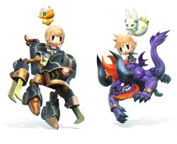 1boy 1girl absurdres behemoth brown_hair chibi chocobo final_fantasy highres horns lann_(world_of_final_fantasy) monster official_art reynn_(world_of_final_fantasy) riding spiked_hair square_enix tama_(world_of_final_fantasy) world_of_final_fantasy