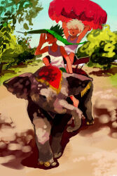 2boys :o animal closed_eyes elephant gon_freecss hunter_x_hunter killua_zoldyck male_focus minahamu multiple_boys open_mouth plant riding riding_animal short_hair sitting tank_top tree white_hair white_tank_top