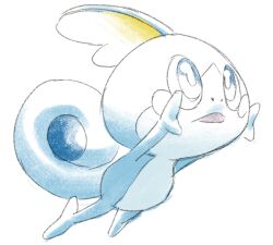 Rule 34 | animal focus, arms up, blue eyes, blush stickers, full body, gen 8 pokemon, jumping, looking up, nintendo, no humans, open mouth, outstretched arms, pokemon, pokemon (creature), rockthebull, simple background, sketch, sobble, solo, white background