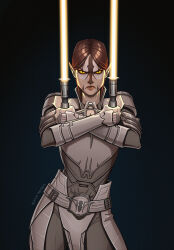 1girl alien armor artist_name belt birdyraider black_background brown_hair cathar colored_sclera dual_wielding energy_sword highres holding holding_sword holding_weapon lightsaber long_hair looking_at_viewer pauldrons pointy_ears shoulder_armor solo star_wars sword weapon yellow_lightsaber yellow_sclera