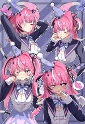 1girl absurdres arms_behind_head black_hair black_ribbon bow bowtie camila_(vtuber) closed_eyes facial_mark grey_eyes hair_ribbon hat heart heart-shaped_pupils highres indie_virtual_youtuber long_hair long_sleeves party_hat pink_bow pink_hair pointy_ears pom_pom_(clothes) pom_pom_hat_ornament purple_bow purple_bowtie ribbon satoti_chang spoken_heart striped_bow striped_bowtie striped_clothes symbol-shaped_pupils tail tail_bow tail_ornament two_side_up virtual_youtuber white_hair