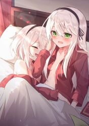 2girls absurdres amnesia_(majo_no_tabitabi) avilia_(majo_no_tabitabi) bare_shoulders black_hairband blush breasts chinese_commentary cleavage closed_eyes commentary_request cuddling green_eyes hairband highres incest long_hair majo_no_tabitabi morning multiple_girls open_clothes open_mouth open_shirt pillow shiyan_ying short_hair siblings sisters smile sweat under_covers white_hair yuri