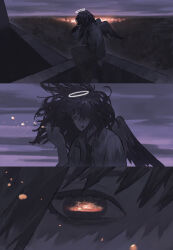 Rule 34 | 0xmalam, absurdres, bags under eyes, cigarette, embers, haibane renmei, hair over eyes, halo, highres, holding, holding cigarette, long hair, purple background, reki (haibane), wings
