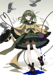 Rule 34 | 1girl, absurdres, bird, black shoes, black trim, closed mouth, collarbone, collared shirt, floating hair, frilled skirt, frills, green eyes, green hair, green shirt, green skirt, hat, highres, holding, holding unworn clothes, holding unworn hat, komeiji koishi, long sleeves, magic trick, medium hair, pigeon, shirt, shoes, skirt, smile, solo, touhou, unworn hat, unworn headwear, user fer1494, wide sleeves