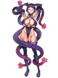 1girl armpits black_hair blush bob_cut body_blush boots breasts cameltoe cleavage covered_erect_nipples f.s. large_breasts nose_blush original smile strap_gap tentacles