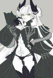 1girl black_panties breasts demon_girl demon_horns demon_wings fate/grand_order fate_(series) green_eyes grey_hair grey_wings highres horns kaname2303 large_breasts lilith_(fate) lilith_(third_ascension)_(fate) long_hair panties skeletal_hand snake solo underwear wings