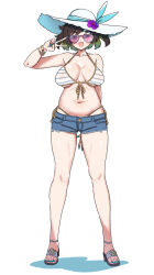 Rule 34 | 1girl, ankle strap, aqua nails, arm behind back, bikini, bikini under clothes, blue ribbon, blue shorts, bracelet, breasts, brown hair, character request, colored inner hair, cutoffs, fingernails, flower, front-tie bikini top, front-tie top, green hair, hat, hat flower, hat ribbon, heart, heart-shaped eyewear, highleg, highleg bikini, jewelry, large breasts, long fingernails, multicolored hair, open mouth, pic k, pink-tinted eyewear, plump, ribbon, sandals, shadow, short hair, short shorts, shorts, side-tie bikini bottom, smile, solo, standing, striped bikini, striped clothes, sun hat, sunglasses, swimsuit, tinted eyewear, v, v over eye, whale tail (clothing), white background, white bikini, white hat